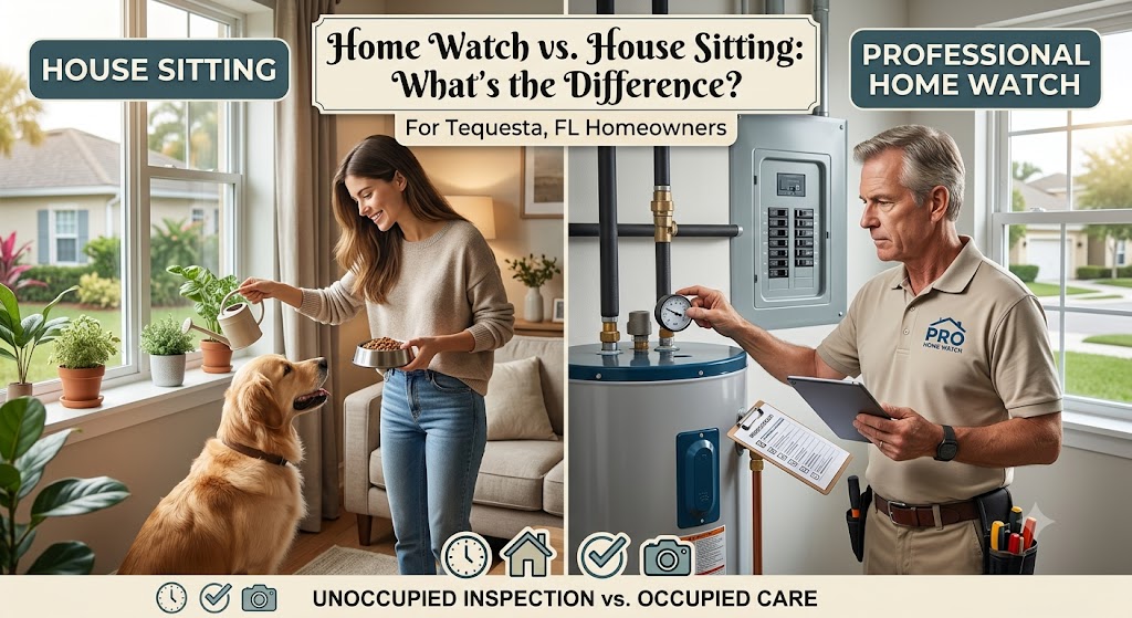 Split comparison showing house sitting on the left and professional home watch inspection on the right for Tequesta, FL homeowners