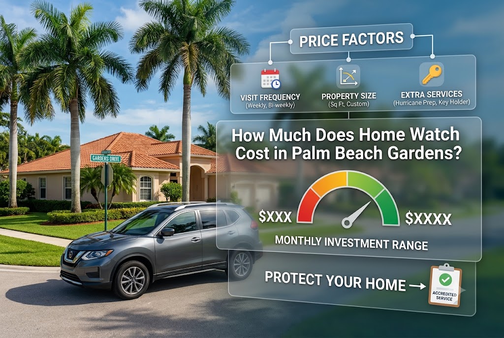 Infographic showing home watch cost factors in Palm Beach Gardens including visit frequency, property size, and extra services