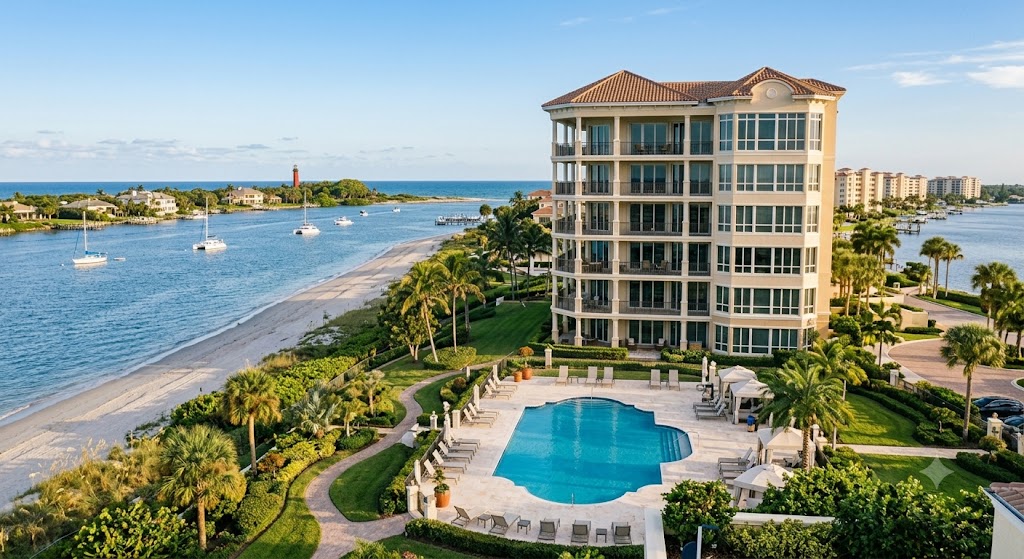Aerial view of a waterfront condominium on Singer Island with the Jupiter Inlet Lighthouse in the distance