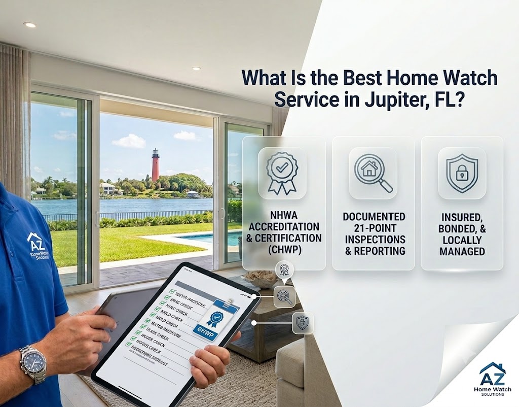 Infographic: NHWA accreditation, documented 21-point inspections, and insured, bonded, locally managed home watch service in Jupiter, FL
